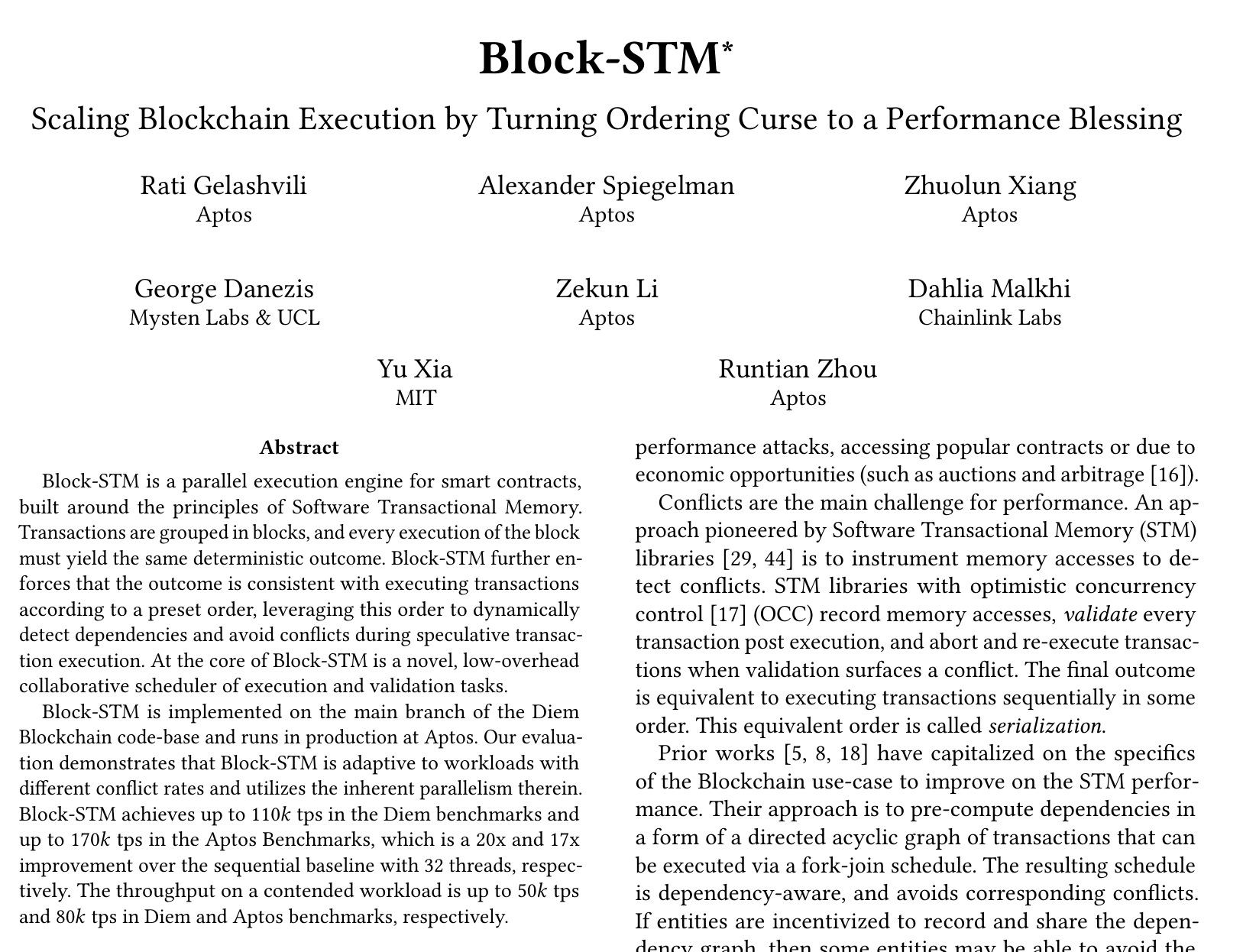 Title page of the Block-STM paper: Scaling Blockchain Execution by Turning Ordering Curse to a Performance Blessing, by Gelashvili, Spiegelman, Xiang, Danezis, Li, Malkhi, Xia and Zhou, with the abstract.