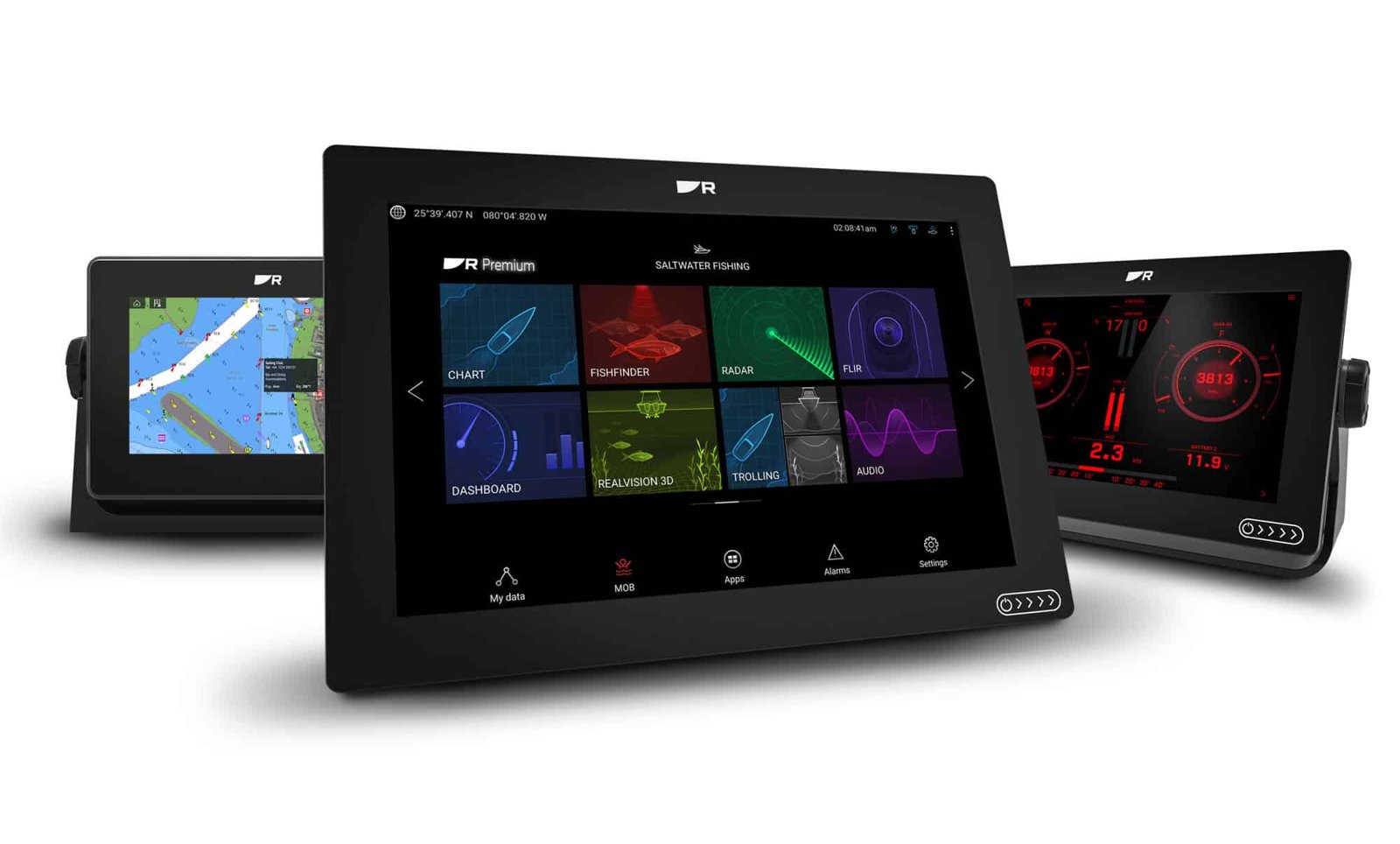 Raymarine Axiom+ multifunction displays in 7, 9 and 12 inch sizes, showing chart, home screen and engine dashboard pages.