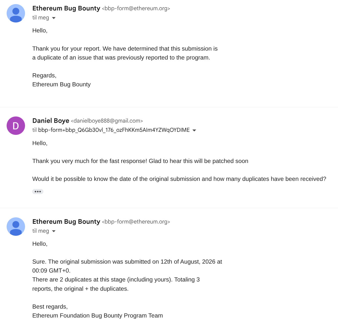 Ethereum Bug Bounty email thread confirming the ABI-coder report was a duplicate, with an original submission on August 12, 2026 at 00:09 GMT+0 and two duplicates among three reports