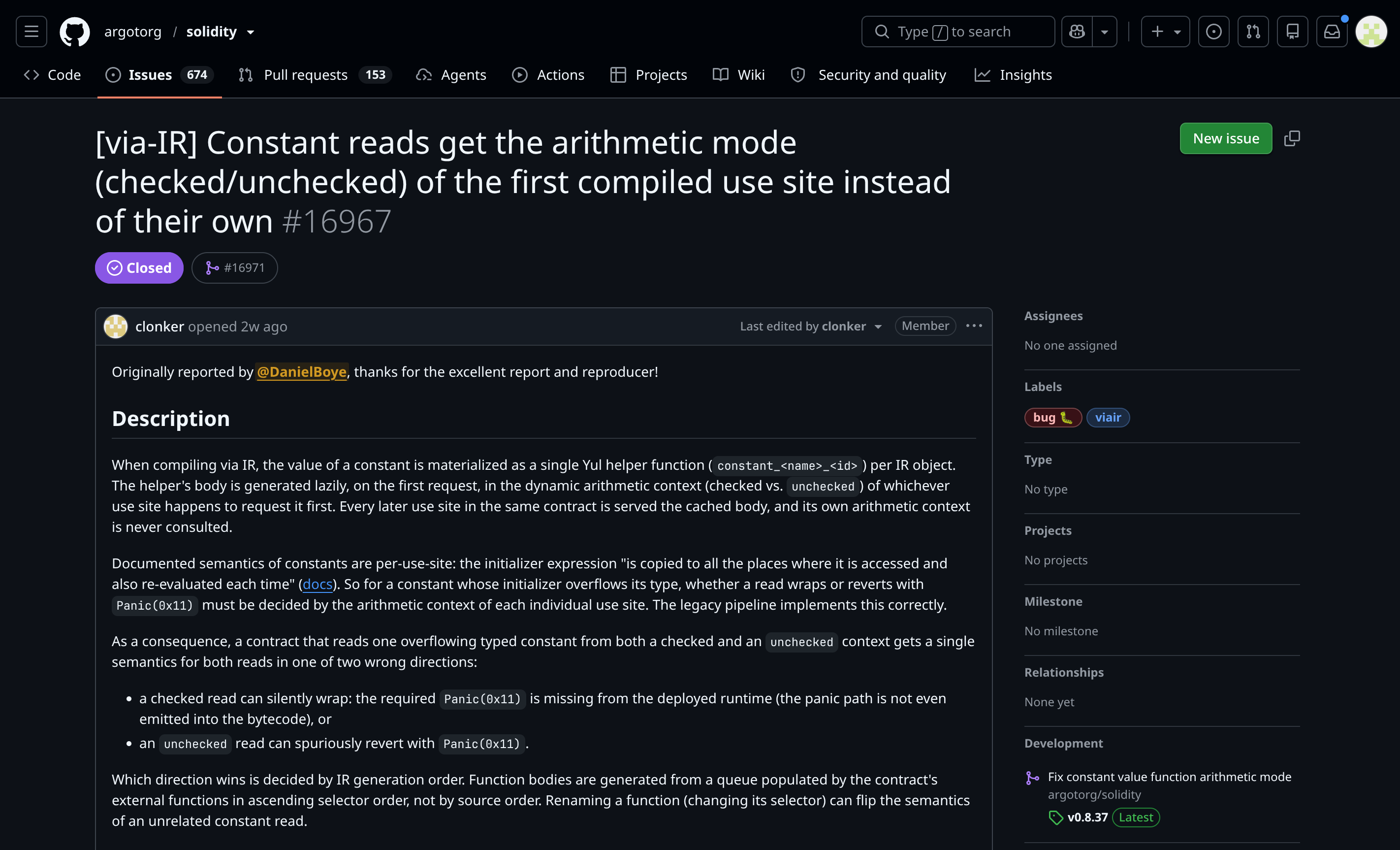 GitHub issue 16967 crediting DanielBoye for the report and reproducer, with the issue marked closed