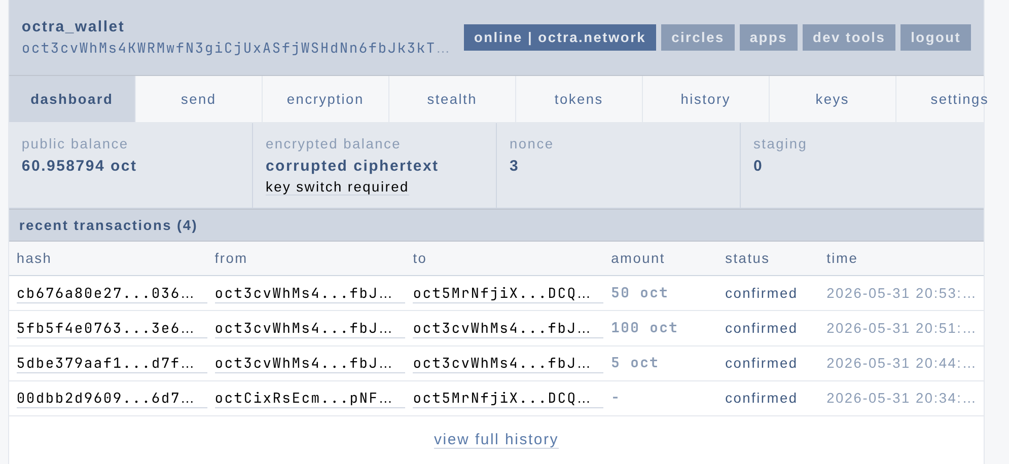 Wallet showing the minted OCT balance after the exploit