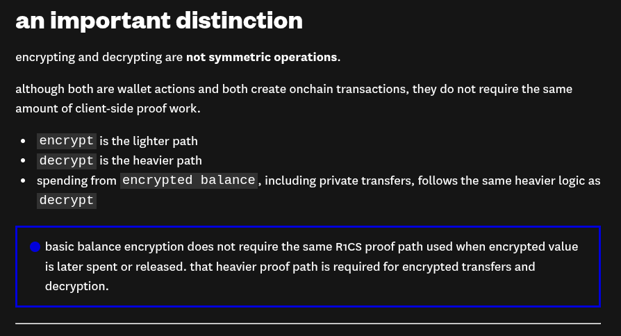 Octra docs noting that spending encrypted balance uses the same R1CS proof path as decrypting