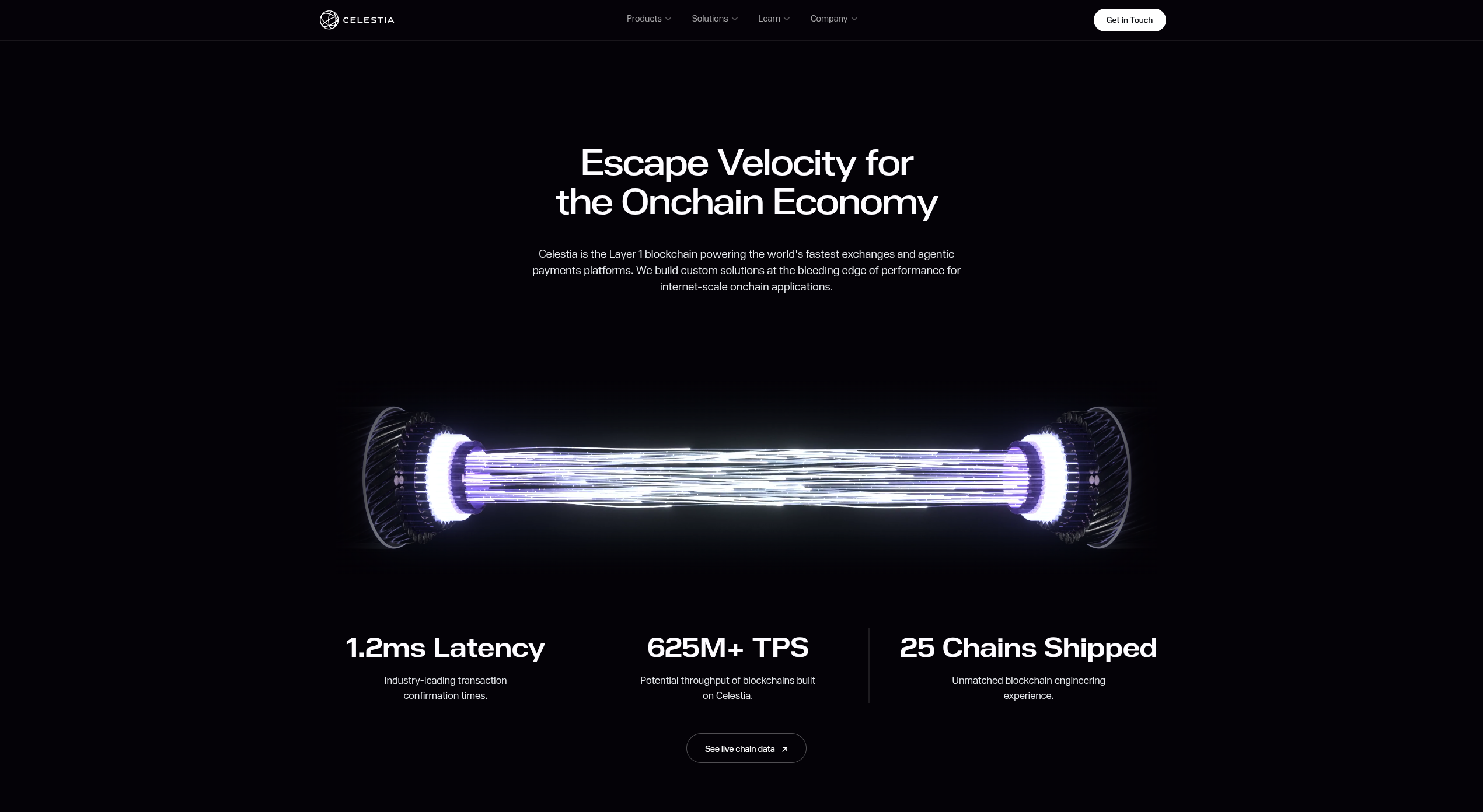 Celestia website homepage with the Escape Velocity for the Onchain Economy headline