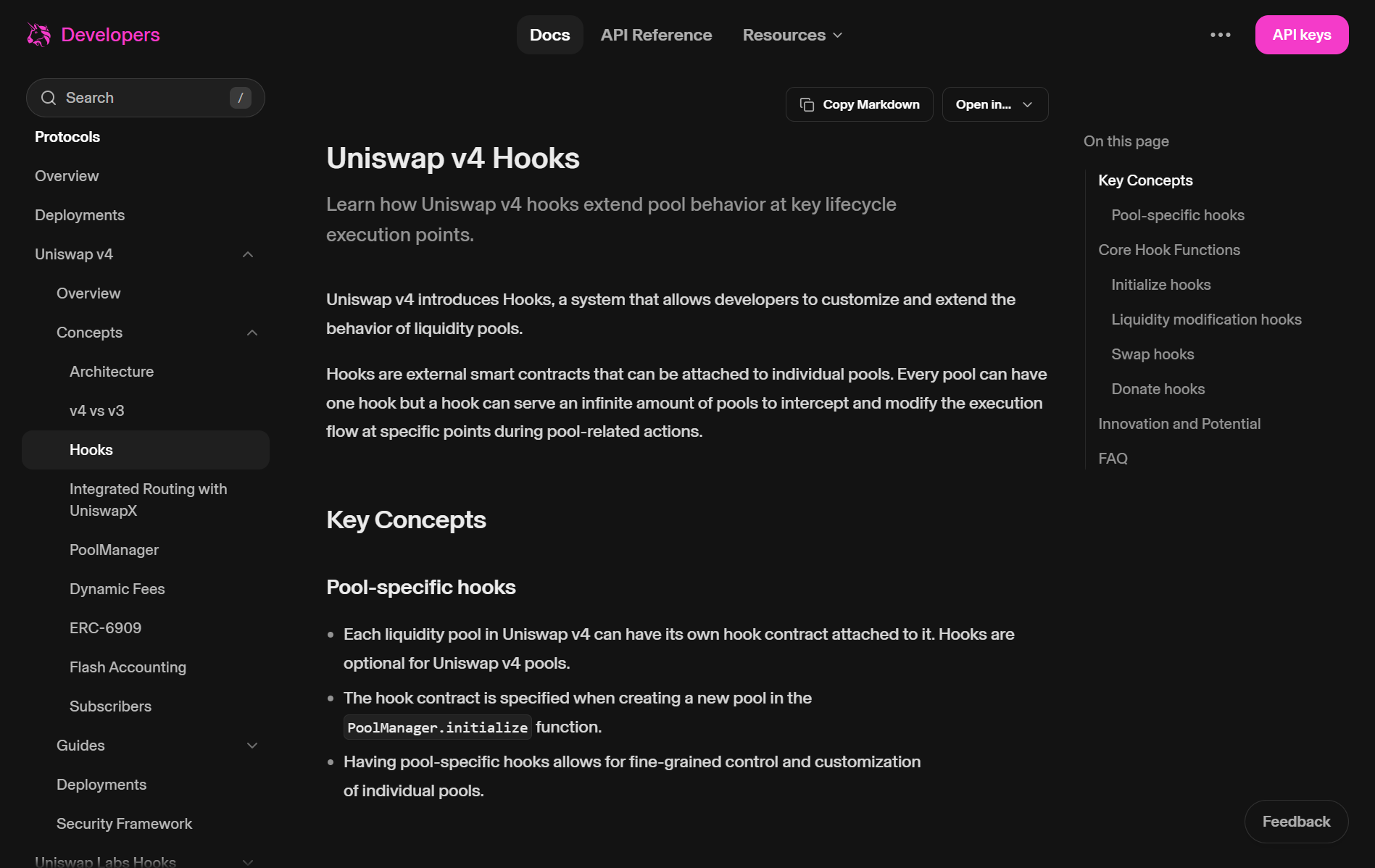 Uniswap v4 Hooks documentation explaining external hook contracts, pool lifecycle callbacks, and pool-specific hooks.