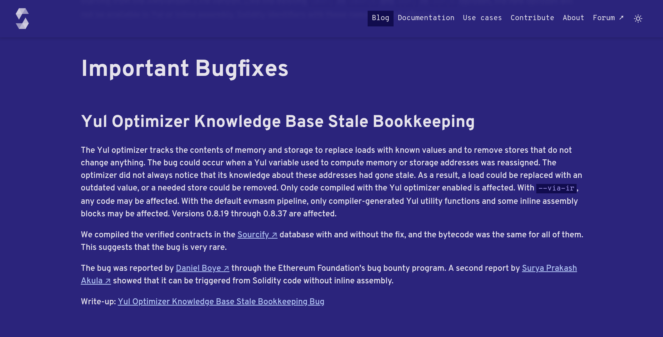 Solidity 0.8.38 release announcement showing the Important Bugfixes section and Yul optimizer stale bookkeeping fix