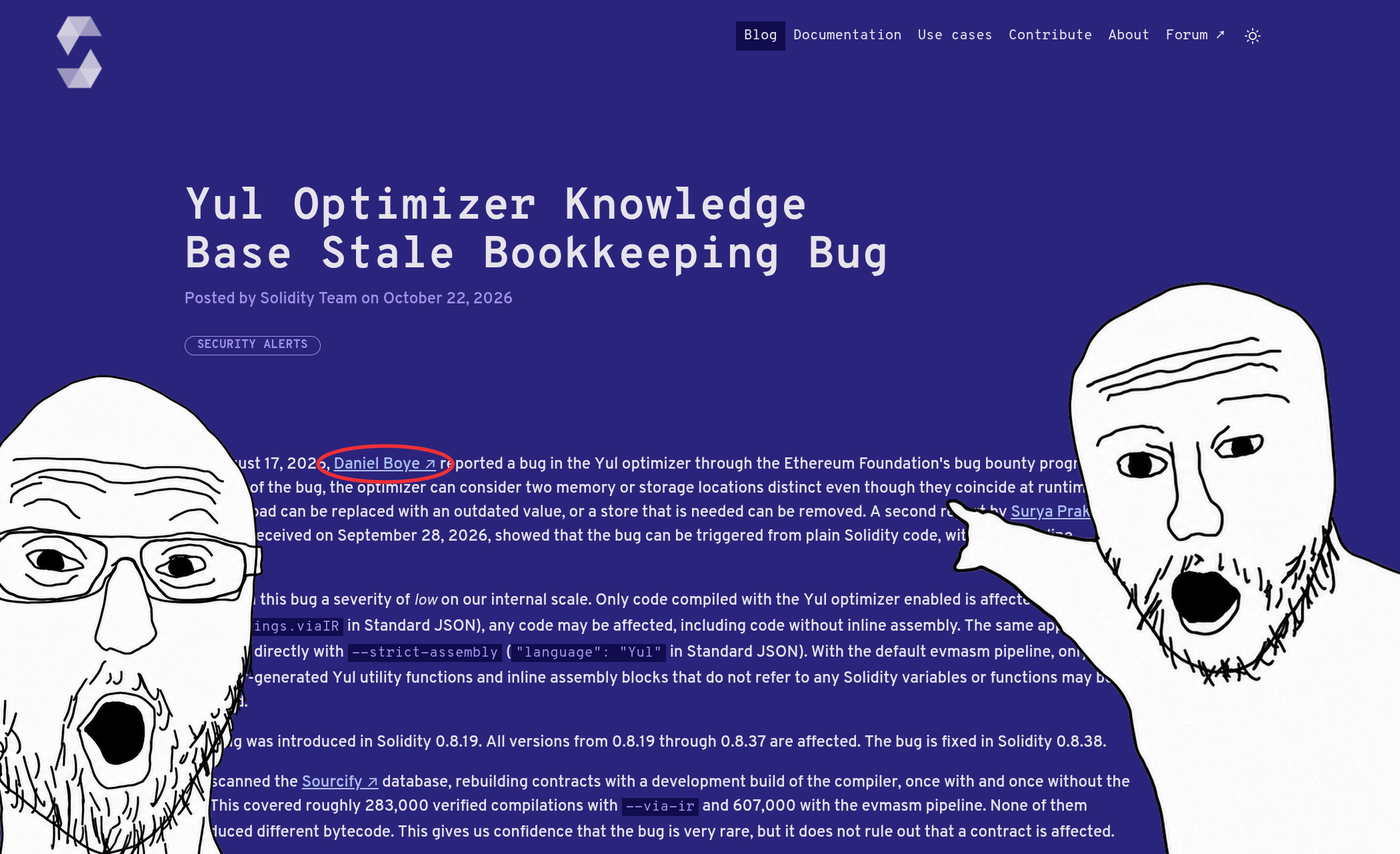 Two soyjaks pointing at Daniel Boye's circled credit in the Solidity security advisory